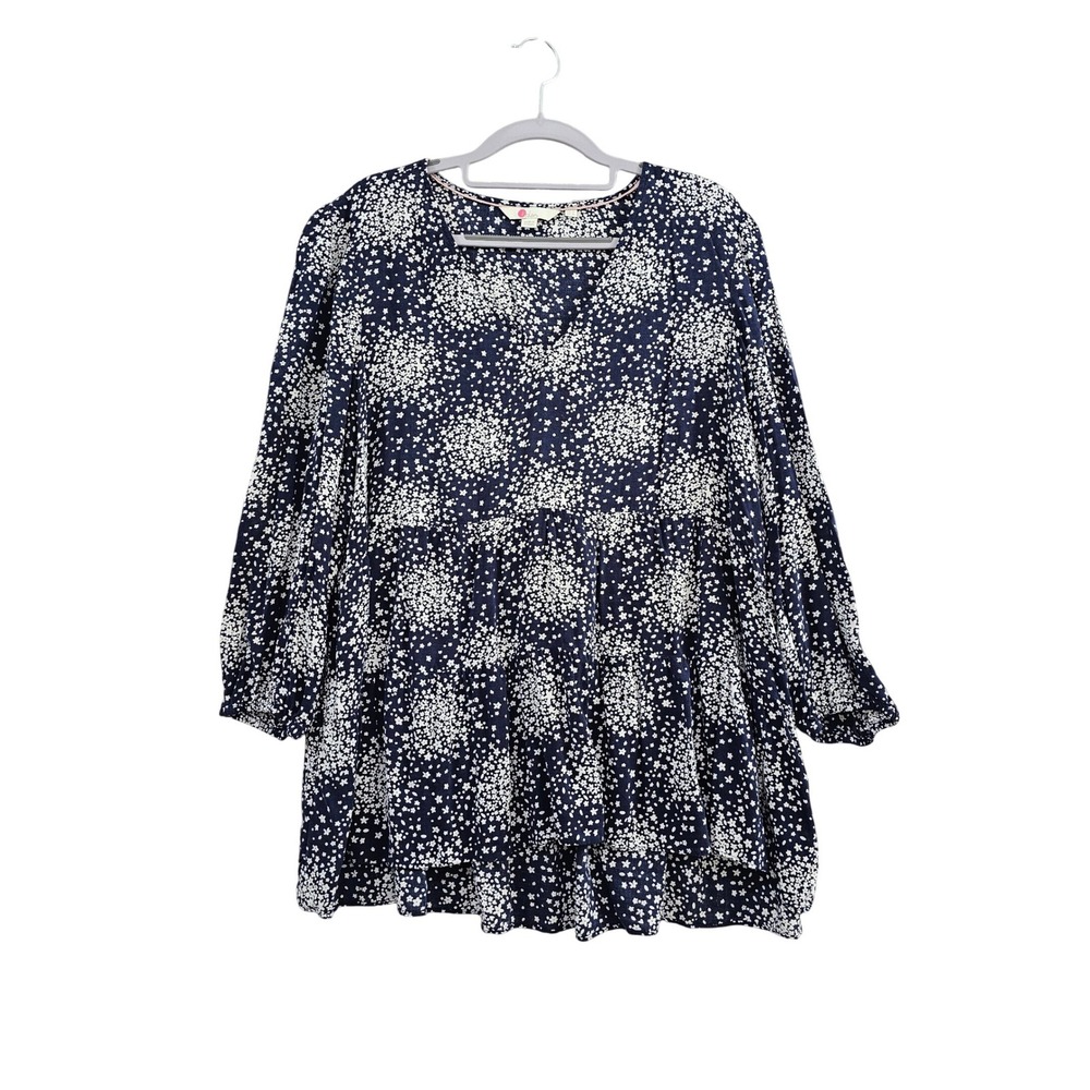 Boden Tunic Blouse Womens 12 Navy White Floral Star Tiered V-Neck Viscose W0195